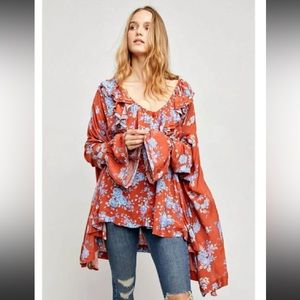 FREE PEOPLE Loretta Top Tunic FOrange and Blue Floral Size Medium Anthropologie